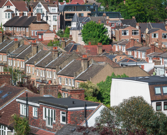 Rows of crowded terraced houses in Muswell Hill in North London, UK